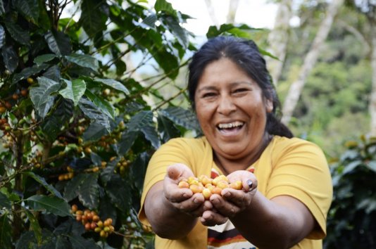 Smiling woman holding a handful of yellow coffee cherries