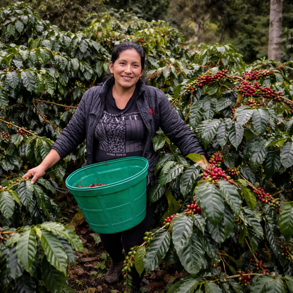 Smiling woman harvesting ripe coffee cherries on a farm