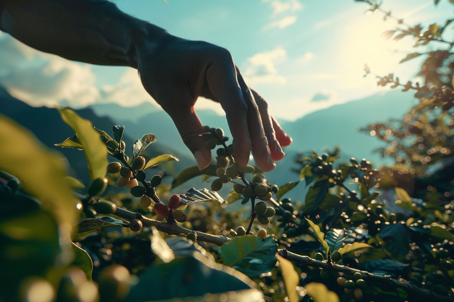 Close-up of a hand reaching out to pick coffee cherries from a branch on a hillside plantation